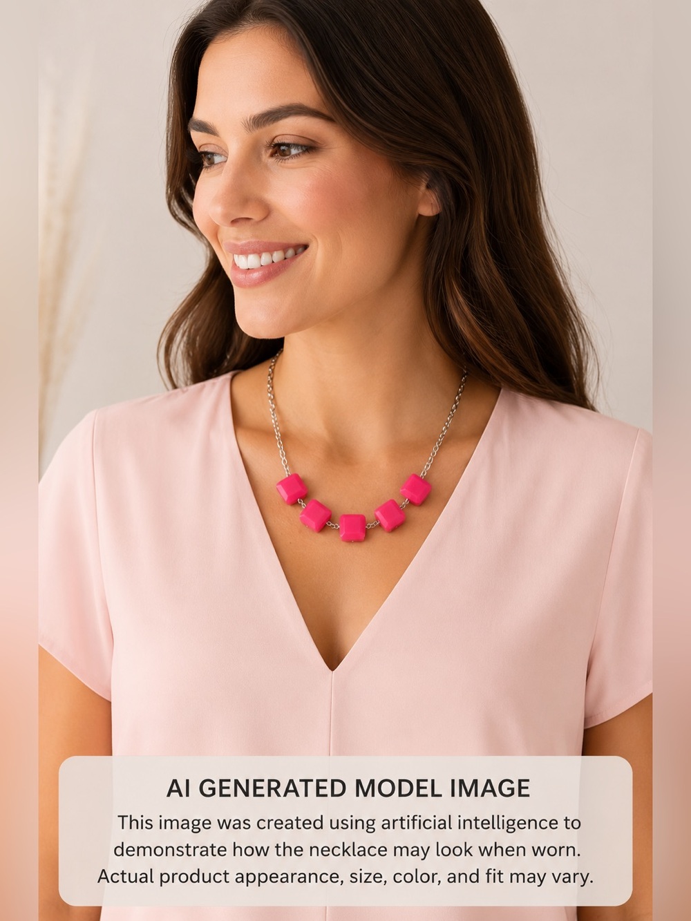 Rose Pink Silver Square Gems Statement Necklace 18 - 21 Inches